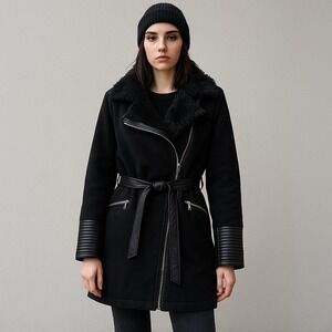 Celsius Premium Black Wool Blend Faux Leather Moto Belted Coat Faux Fur Collar M